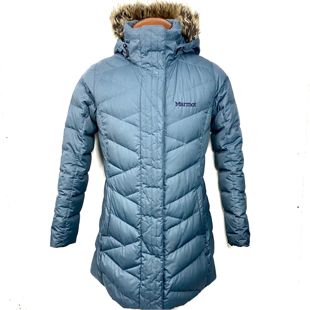 MARMOT Women’s Storm Cloud Blue Varma Long 700 Down Fill Power Hooded Coat M